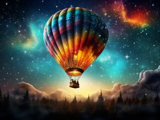 Stunning Aerial Display: Vivid Hot Air Balloon Ascending Above the Majestic Landscape Generative AI