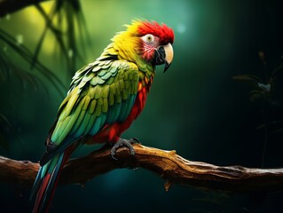 Obraz premium Vibrant Colors of Nature: Close-up Shot of an Exquisite Parrot Perched Majestically Generative AI