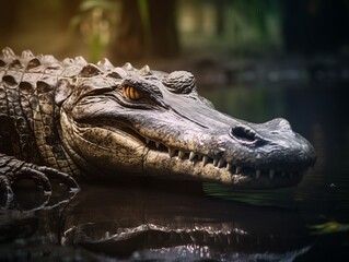 Obraz premium Mysterious Depths: Stunning Reflection of a Crocodile Emerging From the Water Generative AI