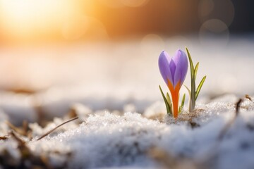 Breathtaking Dance of a Crocus Flower Emerging Through Snow Under Sunshine Generative AI