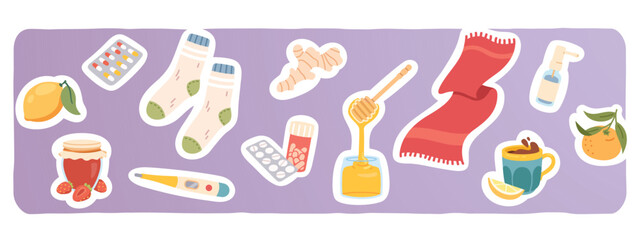 Flu and cold disease treatment stickers set. Medical spray, pills, drugs, thermometer, hot tea cup, warm scarf, lemon, honey. Medicine, influenza virus, health care collection flat vector illustration