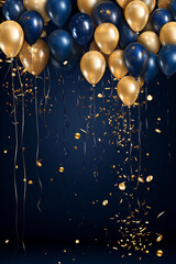 Birthday, new year celebration background. blue and gold balloons celebrate backdrop balloons. AI