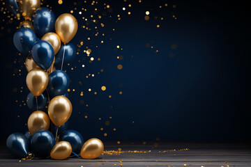 Birthday, new year celebration background. blue and gold balloons celebrate backdrop balloons. AI