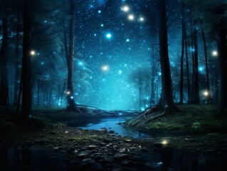 Fototapeta premium Journey into the Mystical Night: Starlit Canopy Amidst the Enchanted Forest Generative AI