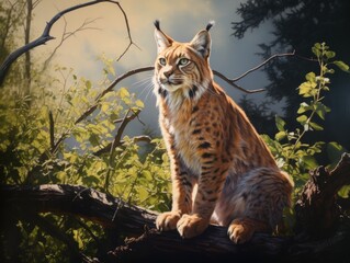 Stunning Female Lynx: Majesty and Grace Captured High up in Lush Treetops Generative AI