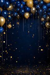 Birthday, new year celebration background. blue and gold balloons celebrate backdrop balloons. AI