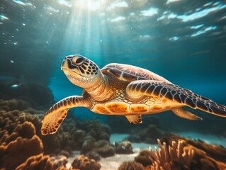 Obraz premium Explore the Majestic Journey of a Green Sea Turtle Across the Sun-Kissed Beach Generative AI