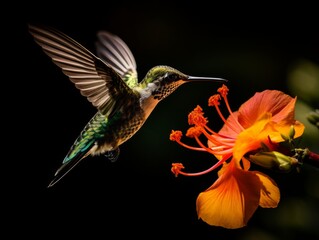 Obraz premium Captivating Close-up: The Dance of the Hummingbird Amidst Vibrant Yellow Blossoms Generative AI