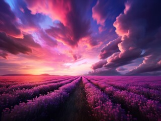 Uncover the Tranquil Beauty: Majestic Lavender Fields Meets Ethereal Clouds Generative AI