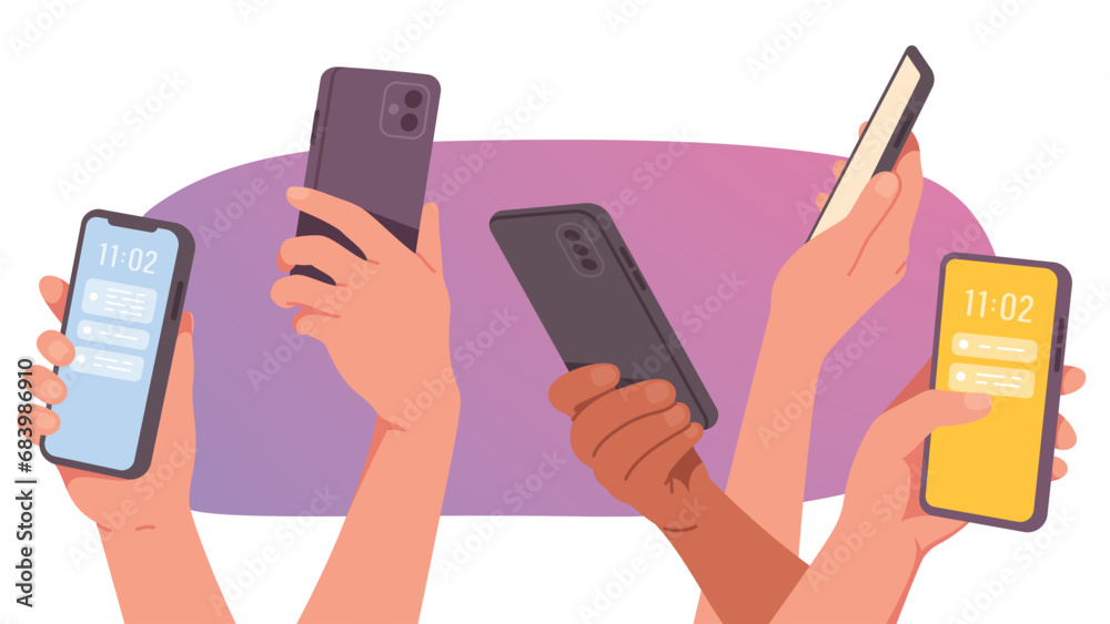 Wall mural hands holding mobile phones set. diverse hands using smartphone digital devices with message app int