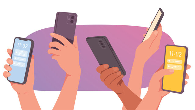 Hands holding mobile phones set. Diverse hands using smartphone digital devices with message app interface on touch screens. Wireless cellphone gadgets technology collection flat vector illustration