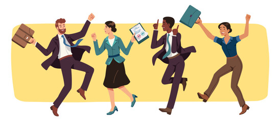 Happy business people jumping celebrating success set. Smiling employees men, women persons team dancing together. Successful office businessmen workers teamwork achievement flat vector illustration