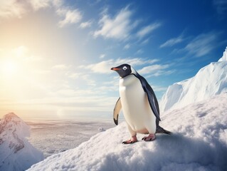 Unveiling the Arctic Majesty: Solo Penguin Dominating the Snowscape Generative AI
