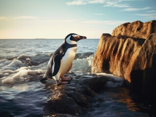 Obraz premium Experience the Thrilling Majesty: A Lone Penguin Against Nature's Might Generative AI