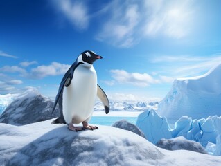 Naklejka premium Majestic Penguin: Master of Snow-Capped Peaks Generative AI