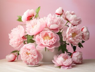 Exquisite Peonies: A Delicate Display on a Soft Pink Background Generative AI