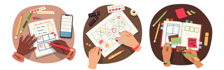 Hands writing plan notes stickers set. Top view of business person hands work planning tasks and pen, pencil, notebook, paper office supplies. Time management, diary, planner flat vector illustration © iconicbestiary