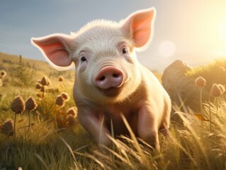 Stunning Sunlit Snapshot: Solo Piglet Basks on Vibrant Grassland! Generative AI