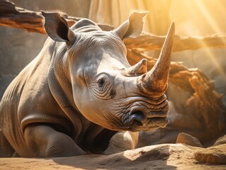 Fototapeta premium Stunning Snapshot: Basking Rhinoceros Illuminated in Sunlight at Renowned Zoo! Generative AI