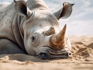 Fototapeta premium Stunning Glimpse into the Daily Life of a Rhinoceros Resting in Sand - A Must-See! Generative AI