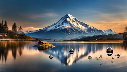 illustration d'un paysage de montagne représenté par une montagne enneigée avec un lac et une...