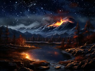 Dazzling Starry Night Sky Lit by a Spectacular Fire: The Enigma of the Cosmos Unveiled Generative AI