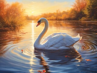 Fototapeta premium Graceful Solitude: Captivating Swan's Lake Swim Against Breathtaking Background Generative AI