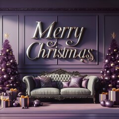 " Merry Christmas " in large silver font on hypperrealistic purple living room.
