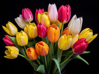 Obraz premium Explore the Vibrant Symphony of Red, White, Yellow and Pink Tulips - A Unique Nature's Art Generative AI