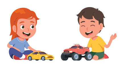 Boy and girl friends kids playing with toy cars. Happy brother and sister children persons cartoon characters playing together. Kindergarten game, childhood playtime fun flat vector illustration 