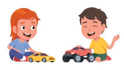Foto op Aluminium Boy and girl friends kids playing with toy cars. Happy brother and sister children persons cartoon characters playing together. Kindergarten game, childhood playtime fun flat vector illustration  © iconicbestiary