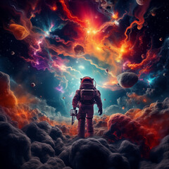 astronaut walking in colorful psychedelic planet environment space art landscape - obrazy, fototapety, plakaty