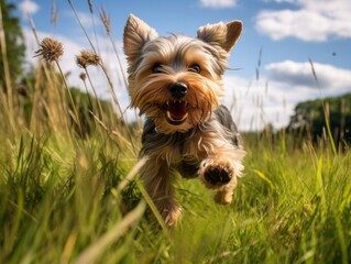 Captivating Moments: Yorkshire Terrier in Full Sprint Across a Vibrant Meadow Generative AI