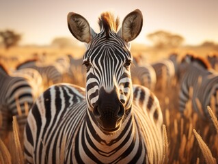Fototapeta na wymiar Stunning Close-Up: Lone Zebra's Survival Story Among Lush Grasslands Generative AI