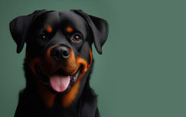 Portrait of a black Rottweiler Dog on a green background. Copy space for text, advertising, message, logo