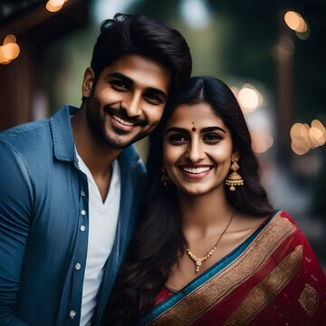 Headshot Photo Of A 20 Something  Year Old  Indian Woman And Indian Man Smiling In Love, Looking Into The Camera.