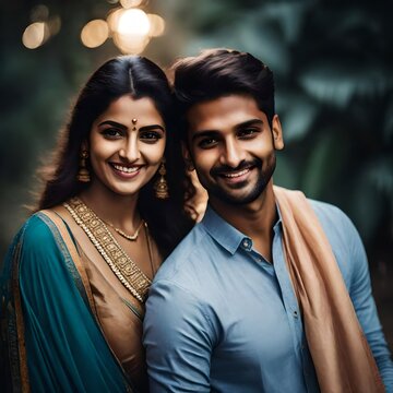 Headshot Photo Of A 20 Something  Year Old  Indian Woman And Indian Man Smiling In Love, Looking Into The Camera.