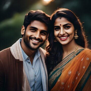 Headshot Photo Of A 20 Something  Year Old  Indian Woman And Indian Man Smiling In Love, Looking Into The Camera.