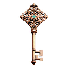 an antique bronze Key  with ornamenting on a transparent background