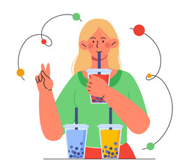 Woman drink tea bubble vector