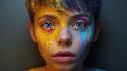 Portrait of a girl with a painted face. Artist with creative design ideas concept.
