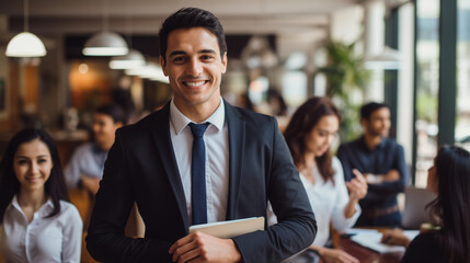 Portrait of people young hispanic successful handsome businessman with team working together at office. Diverse ethnic employees with Mexican leader in suit and tie smiling. - obrazy, fototapety, plakaty
