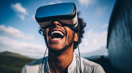 Interaction with virtual reality. Man having fun wearing VR headset glasses. Meta video games. Black African American person in virtual world metaverse.