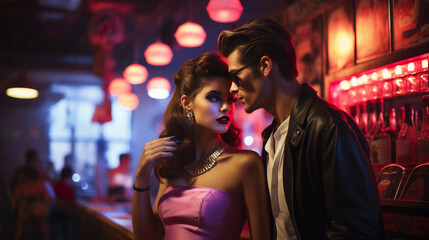 Retro couple in vintage rock n roll bar with neon signs. Boyfriend in black leather jacket and brunette girlfriend in pink dress in a date in the club. - obrazy, fototapety, plakaty