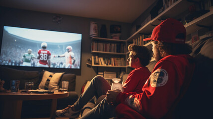 Friends watching sports on TV. American football fans in red shirts in dark apartment. - obrazy, fototapety, plakaty