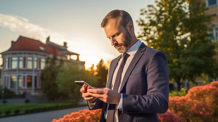 Fototapeta premium Real estate agent texting in front of luxury home. Businessman in suit with tie using phone outdoors. Successful man in 40s writing message to client at sunset in summer.