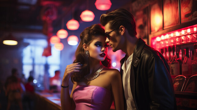Retro couple in vintage rock n roll bar with neon signs. Boyfriend in black leather jacket and brunette girlfriend in pink dress in a date in the club.