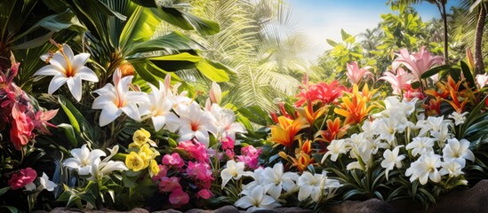 In the lush green garden of Hawaii, surrounded by vibrant flowers of every color, Lei meticulously designs stunning floral arrangements, a true beauty of nature, to bring the essence of summer and - obrazy, fototapety, plakaty