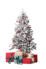 Beautiful Christmas tree and different gift boxes isolated on white background