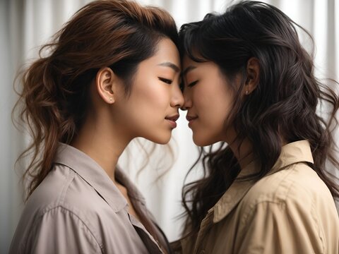 A beautiful homosexual lesbian asian couple kissing and looking in each others eyes. true romantic love. two women of same gender. close to each other. 
